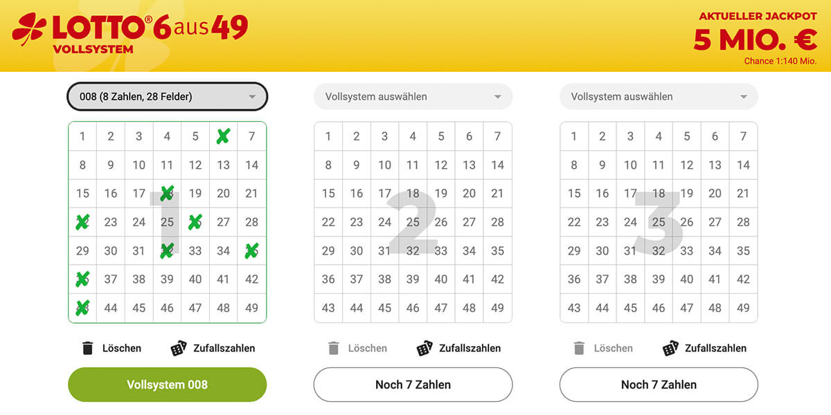 Vollsystem 008 spielen: System auswählen und Zahlen tippen