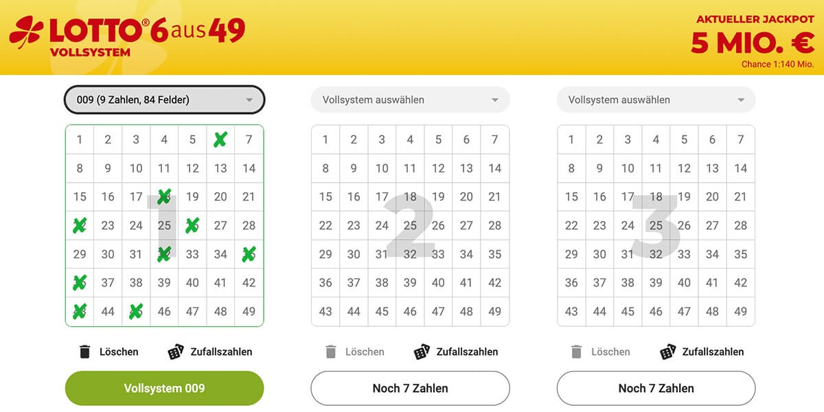 Vollsystem 009 spielen: System auswählen und Zahlen tippen