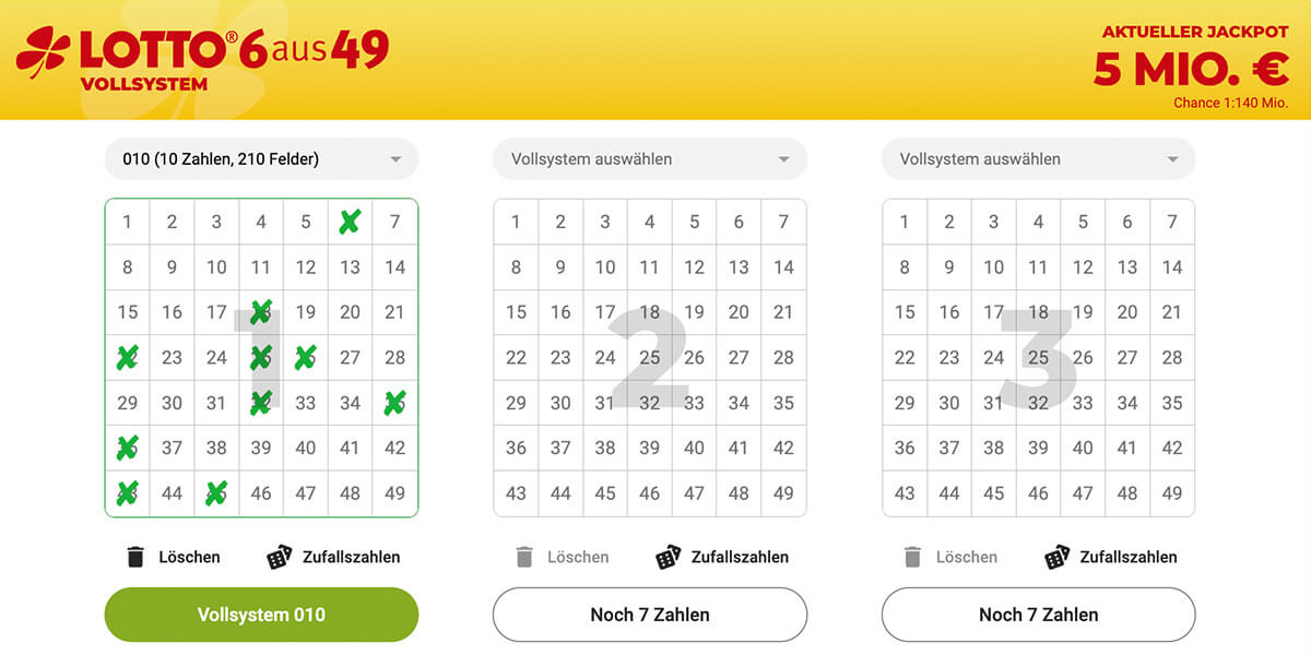 Vollsystem 010 spielen: System auswählen und Zahlen tippen